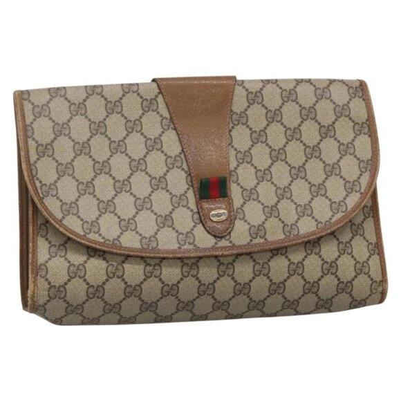 GUCCI GG Supreme Web Sherry Line Clutch Bag PVC Beige Gold 89 01 031 Auth 139970 - Picture 1 of 15